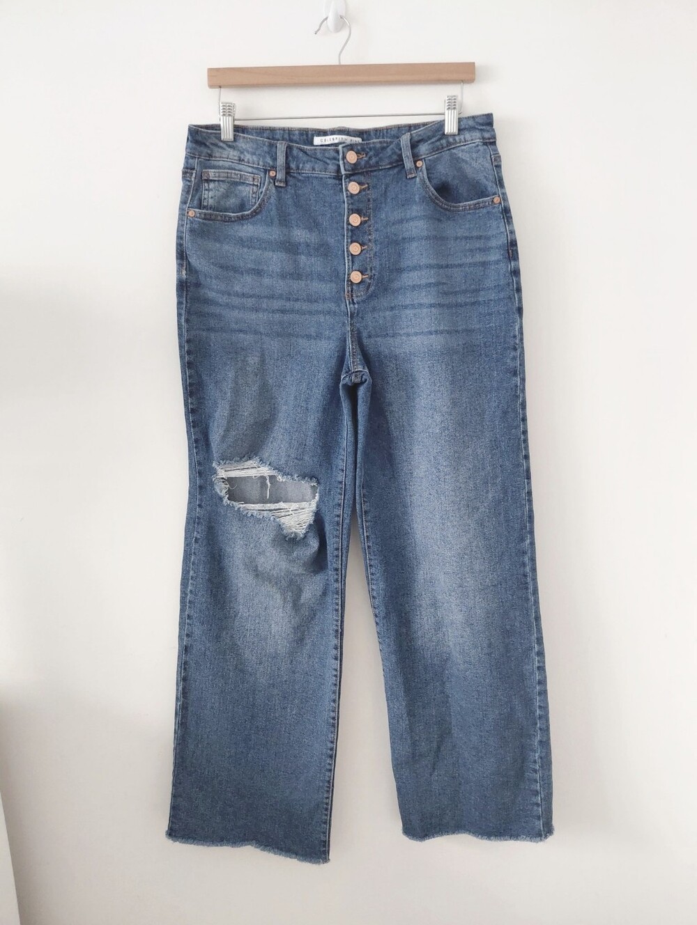 High-Waist Button-Fly Distressed Blue Jeans - Women